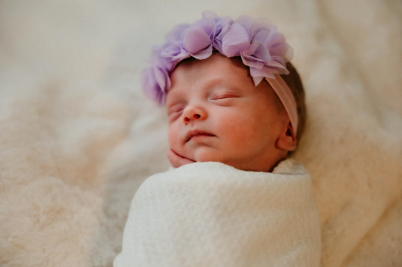Newborn asleep in a purple flower headband