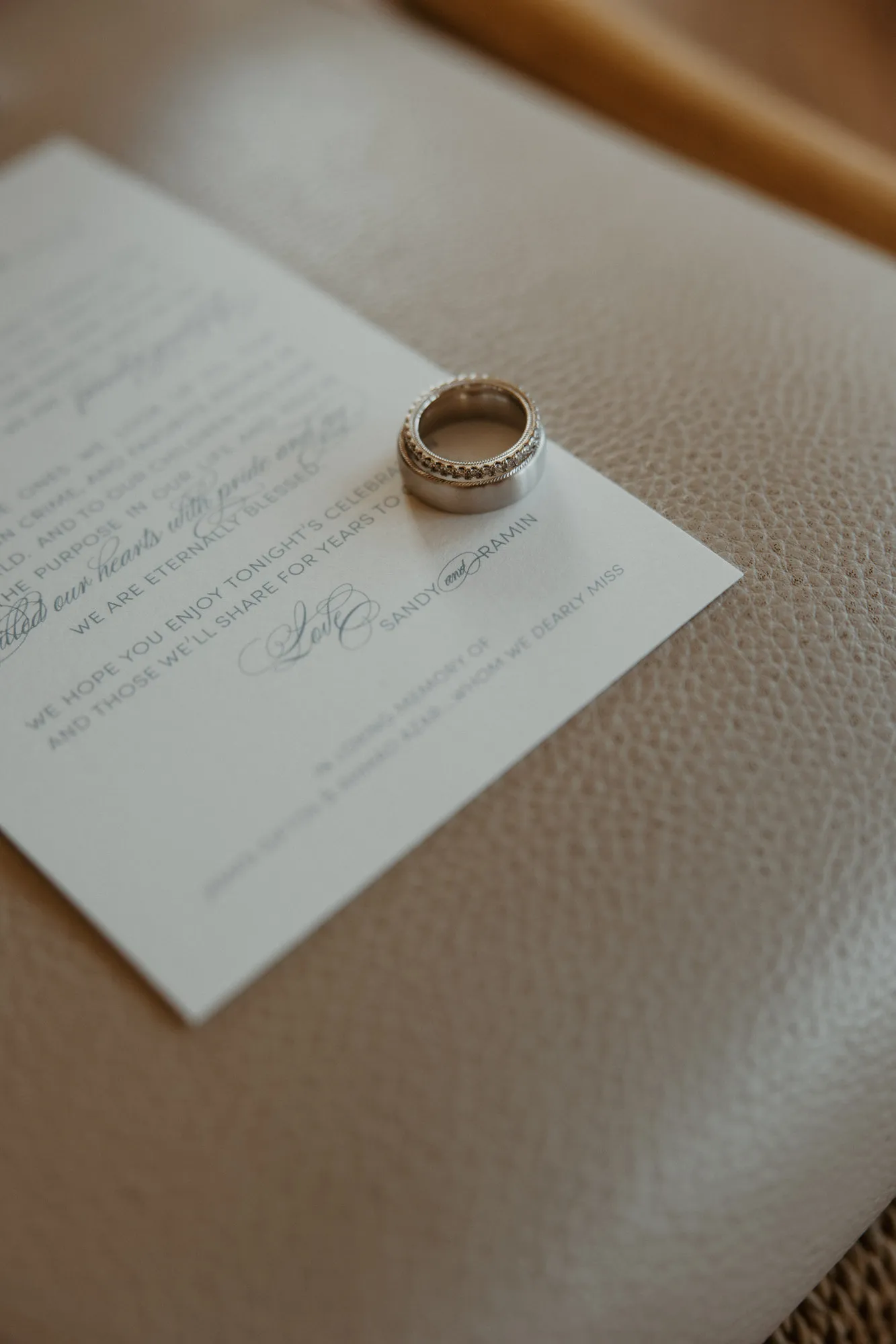 Wedding band resting on a printed card