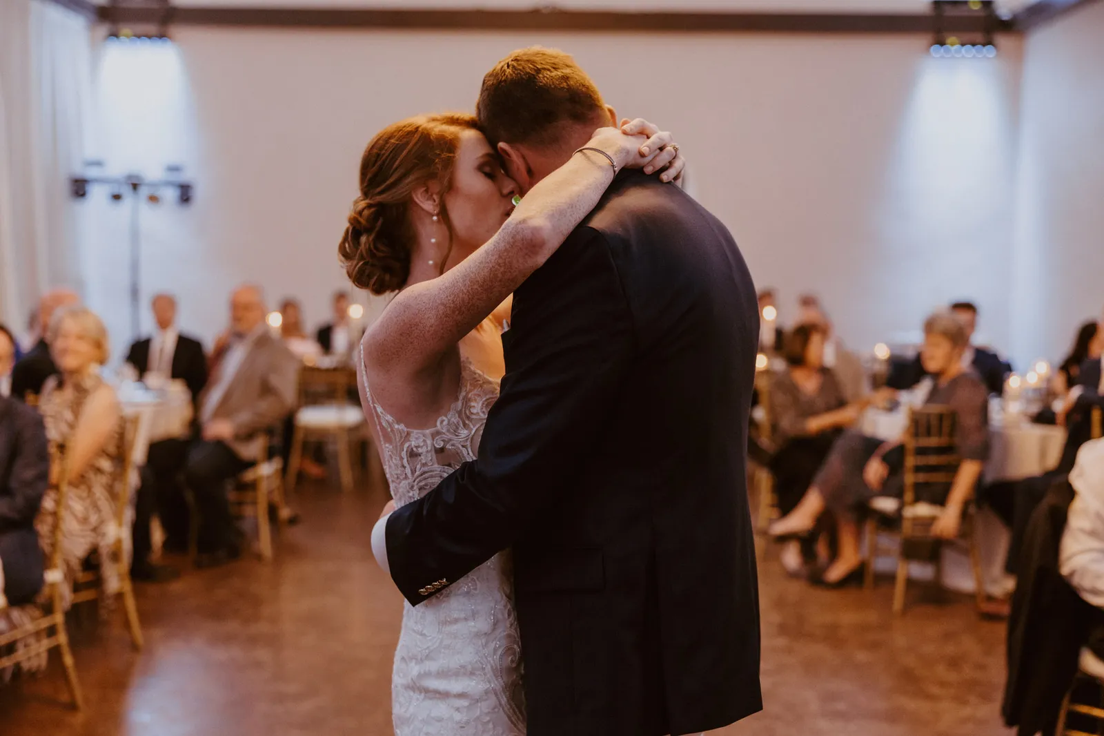 Bride and groom's first dance in the Bakers Ranch reception hall