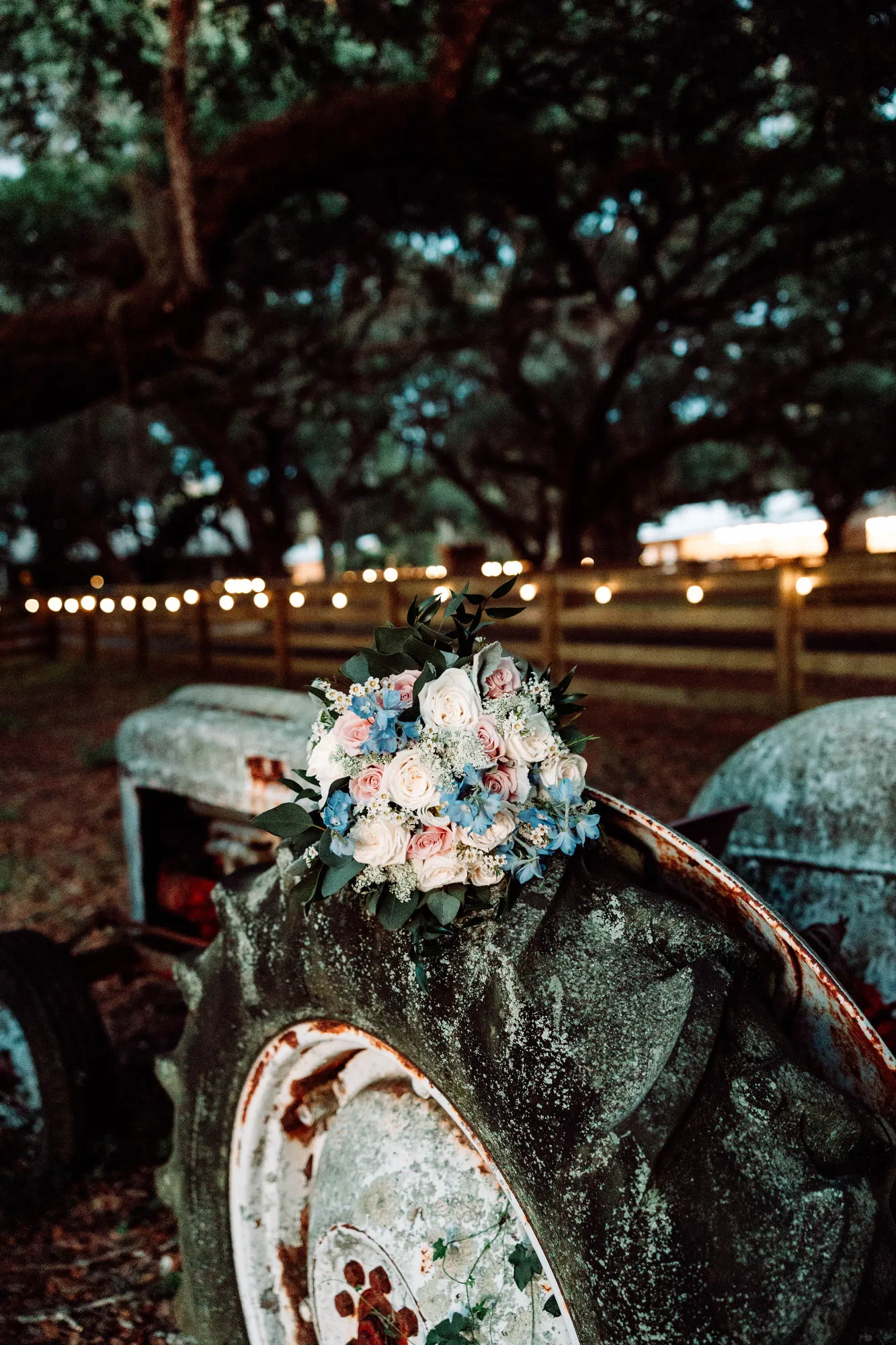 Bridal bouquet resting on the wheel of an old tractor